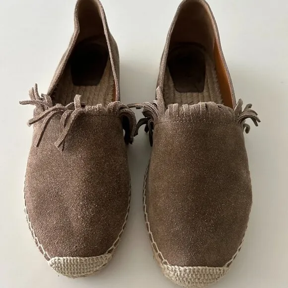 Chloe Suede Fringe Trim Accent Espadrilles Shoes Grey/Brown/Taupe Size 38