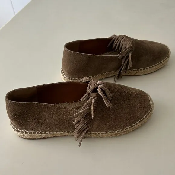 Chloe Suede Fringe Trim Accent Espadrilles Shoes Grey/Brown/Taupe Size 38