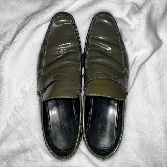 Christian DIOR Green 45 Leather patent penny loafers pointy