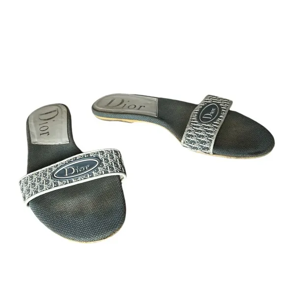 CHRISTIAN DIOR SLIDES SANDALS LIGHT BLUE LOGO FLATS