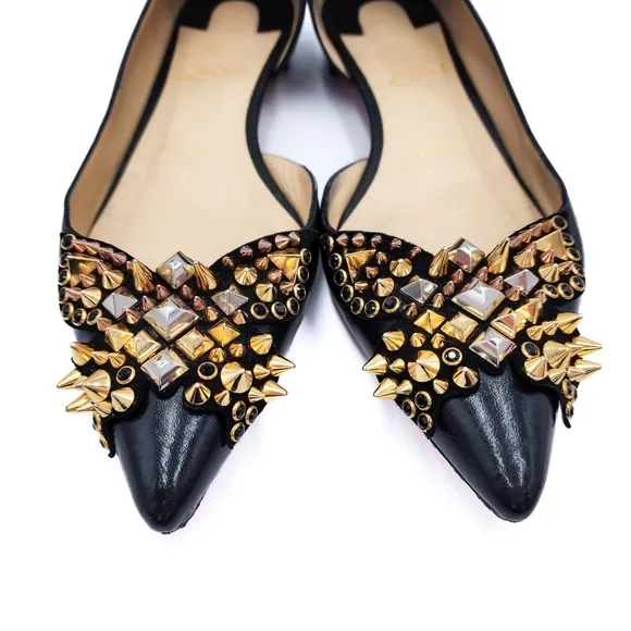 Christian Louboutin Black Leather Spike Studded Pointed Toe Flats Shoes EU 38