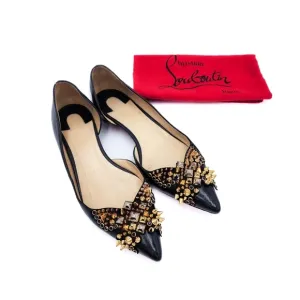 Christian Louboutin Black Leather Spike Studded Pointed Toe Flats Shoes EU 38