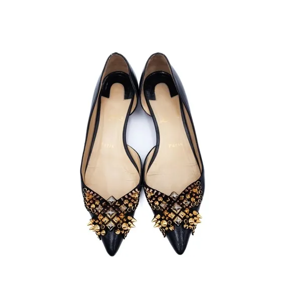 Christian Louboutin Black Leather Spike Studded Pointed Toe Flats Shoes EU 38