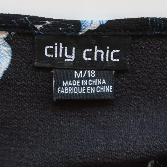City Chic Ginza Black Blue White Floral V-neck Tie Elastic Waist 3/4 Sleeve 18