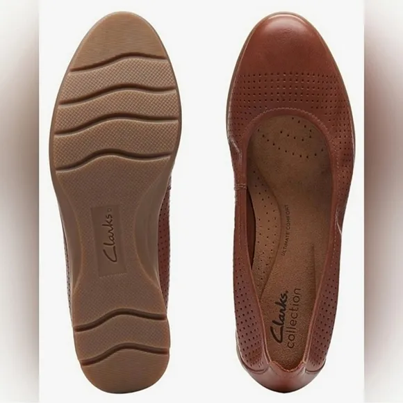 Clark's Jenette Ease Ballet Flats Leather Women's Brown Perforated Flats Size 10