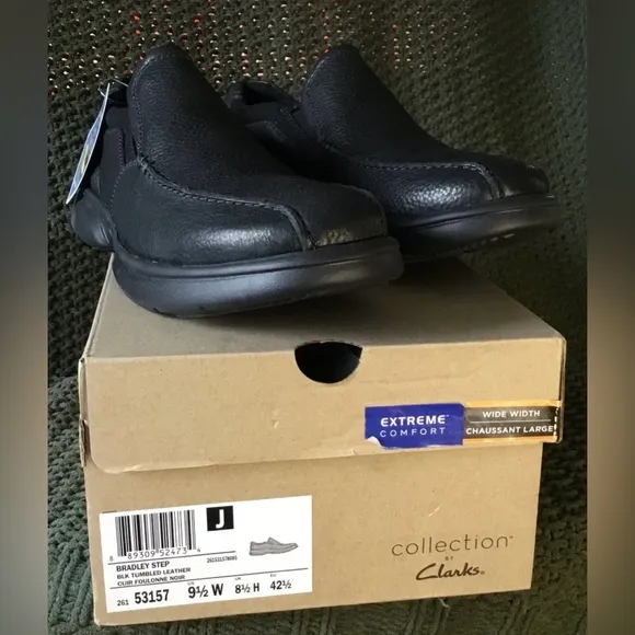 Clarks Men’s Bradley Step Slip On Loafers, Black, Tumble Leather; Size 9.5W