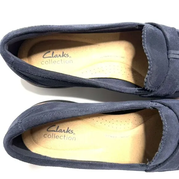 Clarks Westlynn Bella Navy Suede Womens Leather Lug Sole Loafers Size 11 New!