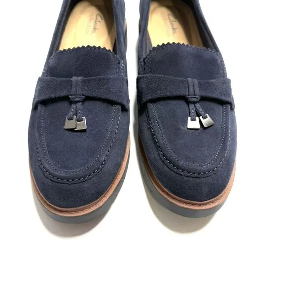 Clarks Westlynn Bella Navy Suede Womens Leather Lug Sole Loafers Size 11 New!