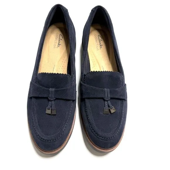 Clarks Westlynn Bella Navy Suede Womens Leather Lug Sole Loafers Size 11 New!
