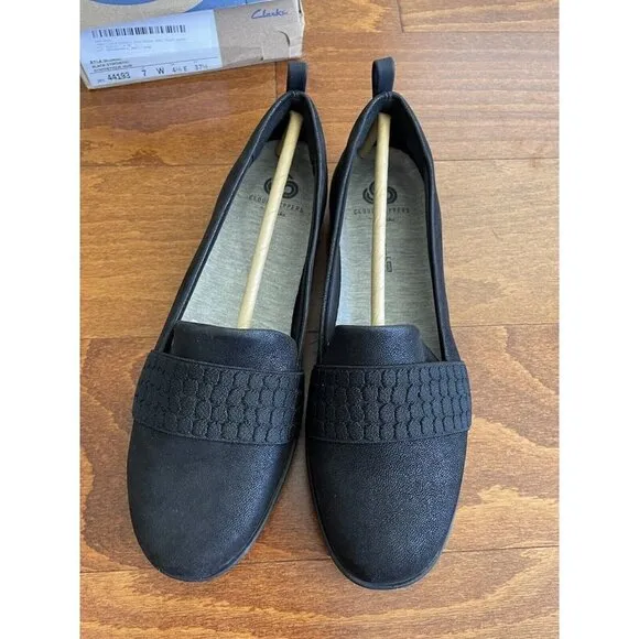 Clarks Womens Ayla Sloane Black Cloudsteppers Slip On Comfort Flats NEW size 7 W