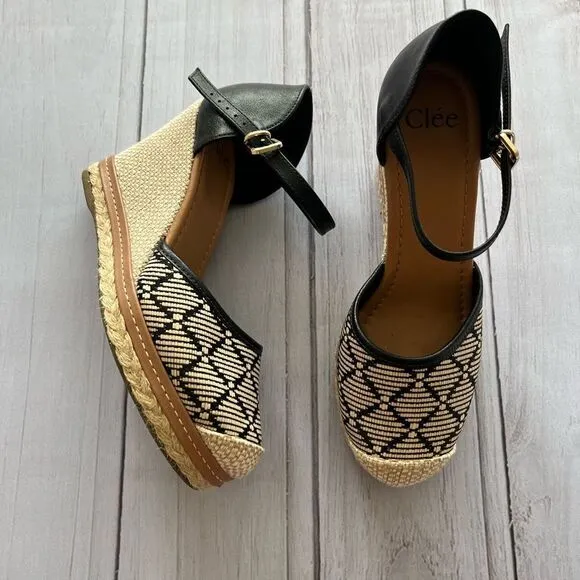 Clee 6 Black Tan Raffia Wedge Espadrilles