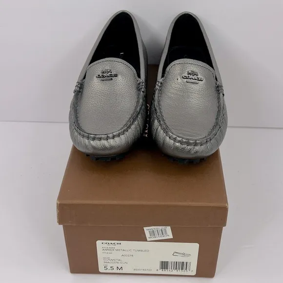 COACH AMBER METALLIC TUMBLED LOAFERS, UPPER LEATHER, GUNMETAL COLOR, SIZE 5.5 M