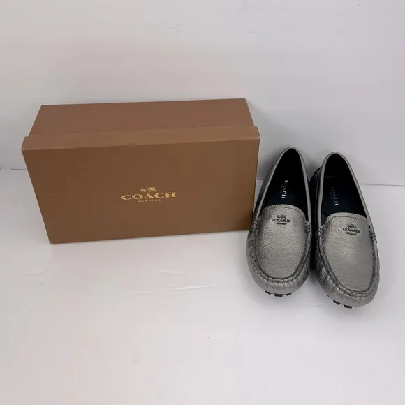 COACH AMBER METALLIC TUMBLED LOAFERS, UPPER LEATHER, GUNMETAL COLOR, SIZE 5.5 M