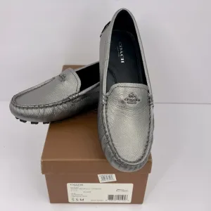 COACH AMBER METALLIC TUMBLED LOAFERS, UPPER LEATHER, GUNMETAL COLOR, SIZE 5.5 M