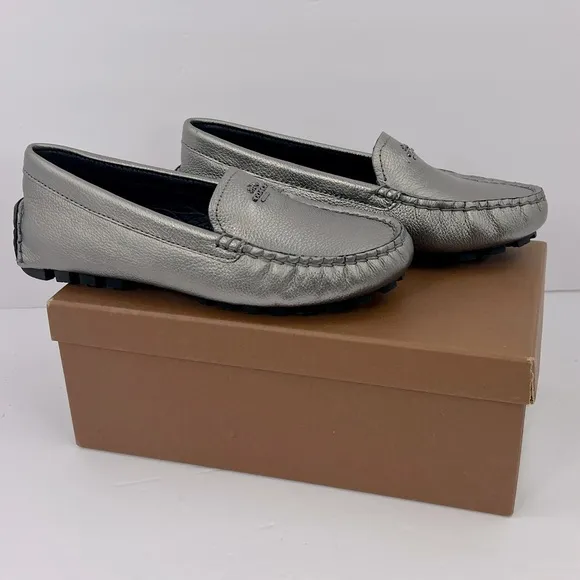COACH AMBER METALLIC TUMBLED LOAFERS, UPPER LEATHER, GUNMETAL COLOR, SIZE 5.5 M