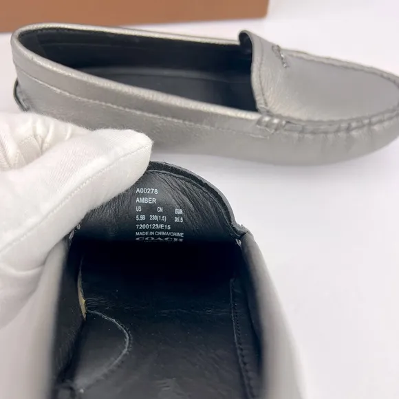 COACH AMBER METALLIC TUMBLED LOAFERS, UPPER LEATHER, GUNMETAL COLOR, SIZE 5.5 M