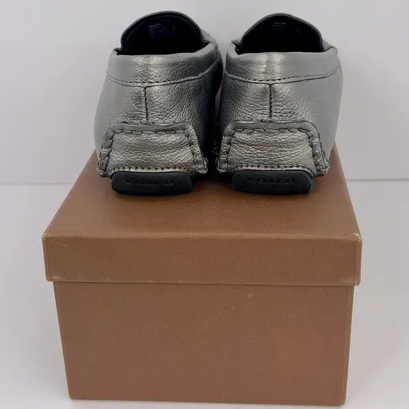 COACH AMBER METALLIC TUMBLED LOAFERS, UPPER LEATHER, GUNMETAL COLOR, SIZE 5.5 M