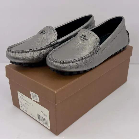 COACH AMBER METALLIC TUMBLED LOAFERS, UPPER LEATHER, GUNMETAL COLOR, SIZE 5.5 M