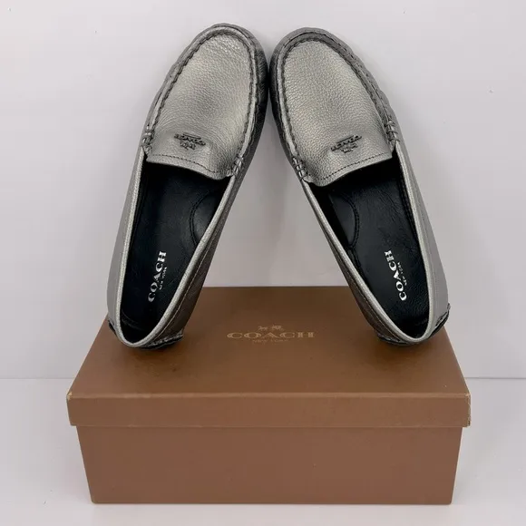 COACH AMBER METALLIC TUMBLED LOAFERS, UPPER LEATHER, GUNMETAL COLOR, SIZE 5.5 M