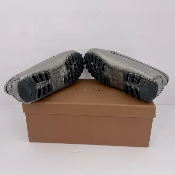 COACH AMBER METALLIC TUMBLED LOAFERS, UPPER LEATHER, GUNMETAL COLOR, SIZE 5.5 M