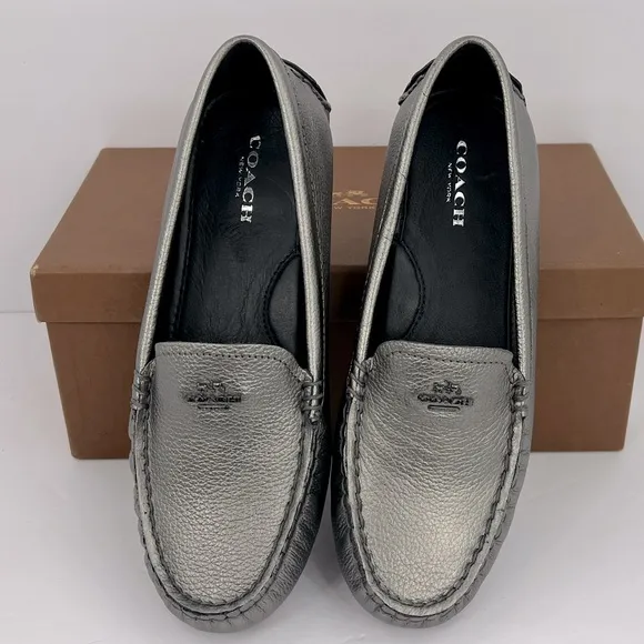 COACH AMBER METALLIC TUMBLED LOAFERS, UPPER LEATHER, GUNMETAL COLOR, SIZE 5.5 M