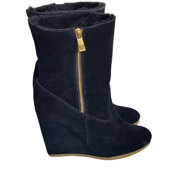 Coach Danee Black Suede Leather‎ Shearling Fur Lined Wedge Boots