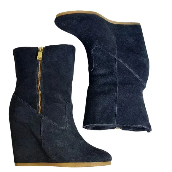 Coach Danee Black Suede Leather‎ Shearling Fur Lined Wedge Boots