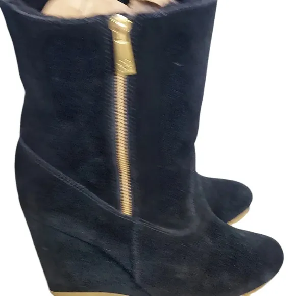 Coach Danee Black Suede Leather‎ Shearling Fur Lined Wedge Boots