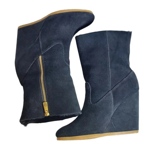 Coach Danee Black Suede Leather‎ Shearling Fur Lined Wedge Boots