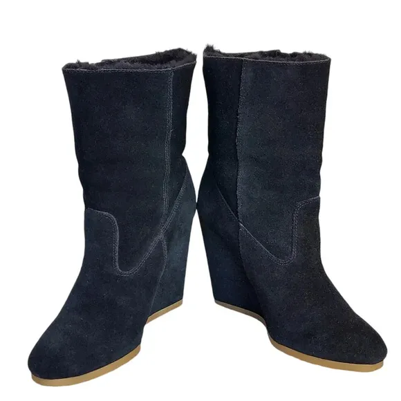 Coach Danee Black Suede Leather‎ Shearling Fur Lined Wedge Boots