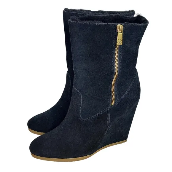 Coach Danee Black Suede Leather‎ Shearling Fur Lined Wedge Boots