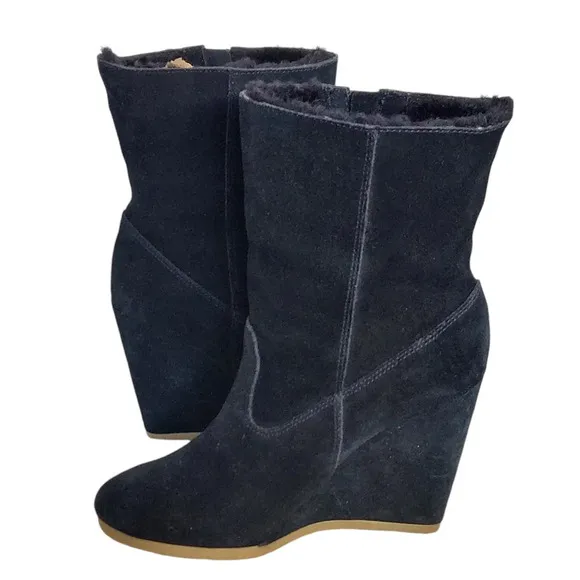 Coach Danee Black Suede Leather‎ Shearling Fur Lined Wedge Boots