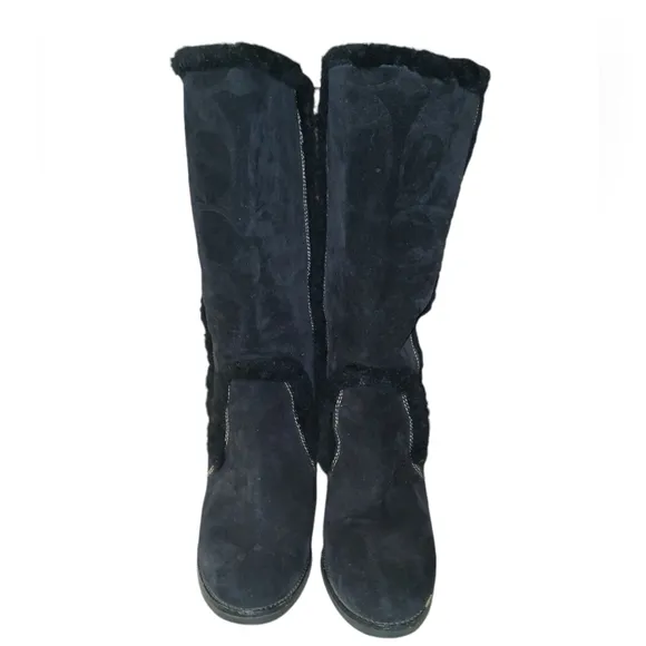 Coach Jordana Fur Lined Suede Boots Black C Logo Embossed Wedge Boot Size 11