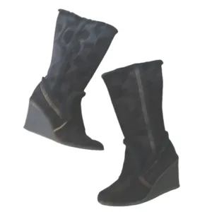 Coach Jordana Fur Lined Suede Boots Black C Logo Embossed Wedge Boot Size 11