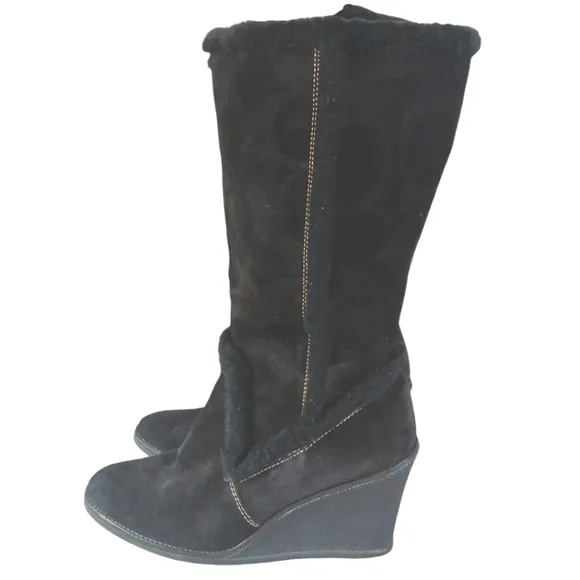 Coach Jordana Fur Lined Suede Boots Black C Logo Embossed Wedge Boot Size 11