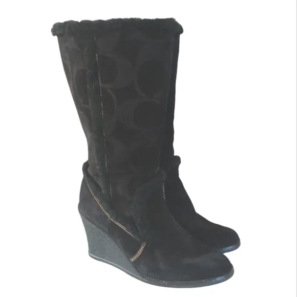 Coach Jordana Fur Lined Suede Boots Black C Logo Embossed Wedge Boot Size 11