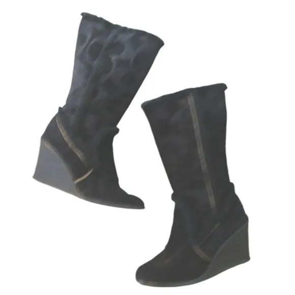 Coach Jordana Fur Lined Suede Boots Black C Logo Embossed Wedge Boot Size 11