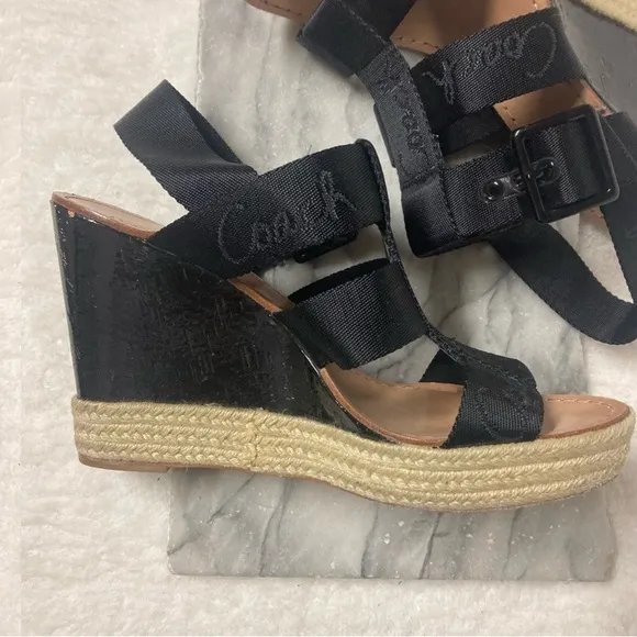 Coach Maryanne Wedge Espadrilles Sz 10 Black Tan Open Toe Strappy