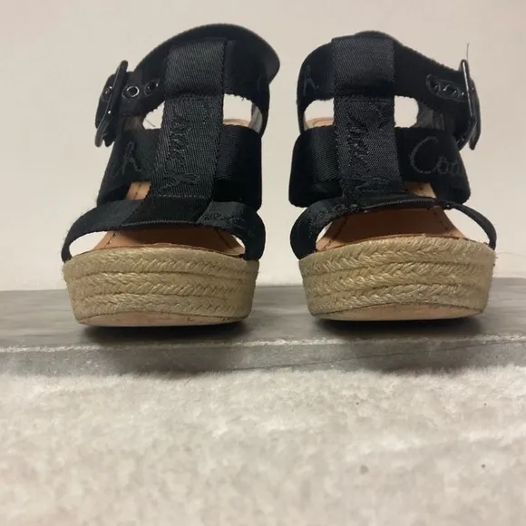 Coach Maryanne Wedge Espadrilles Sz 10 Black Tan Open Toe Strappy