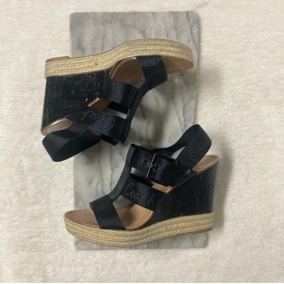 Coach Maryanne Wedge Espadrilles Sz 10 Black Tan Open Toe Strappy