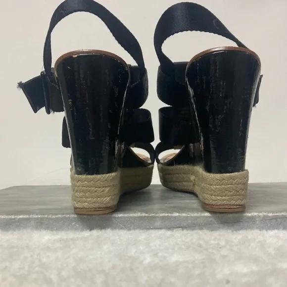 Coach Maryanne Wedge Espadrilles Sz 10 Black Tan Open Toe Strappy
