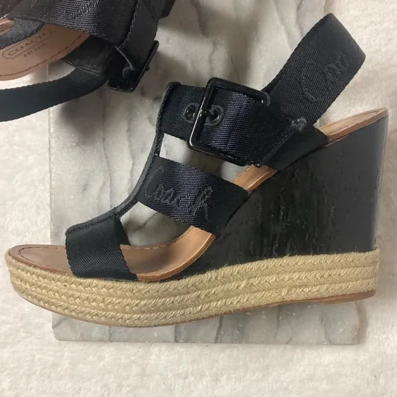Coach Maryanne Wedge Espadrilles Sz 10 Black Tan Open Toe Strappy