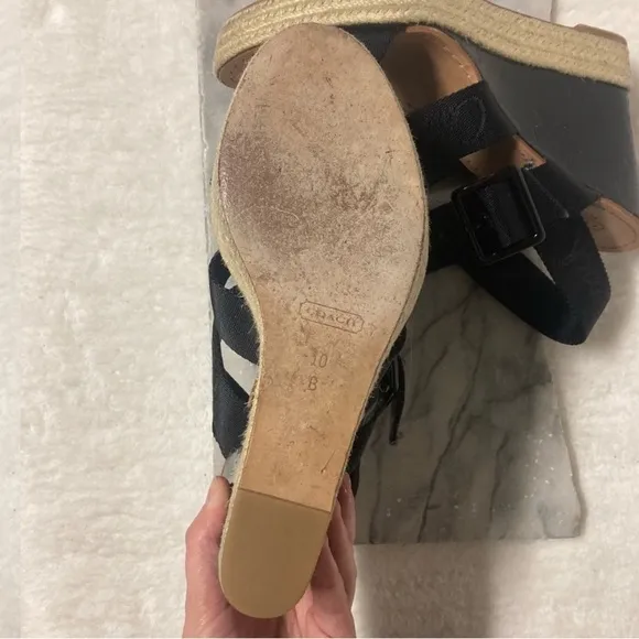 Coach Maryanne Wedge Espadrilles Sz 10 Black Tan Open Toe Strappy