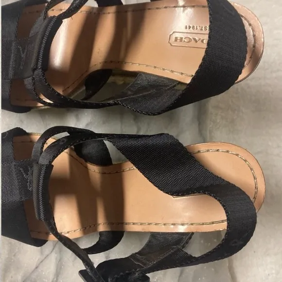 Coach Maryanne Wedge Espadrilles Sz 10 Black Tan Open Toe Strappy