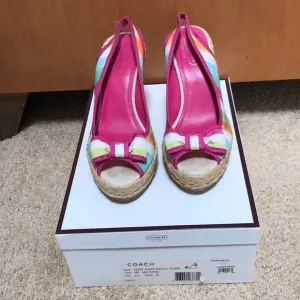 COACH Size 6.5 pink multi wedge espadrilles