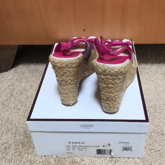 COACH Size 6.5 pink multi wedge espadrilles
