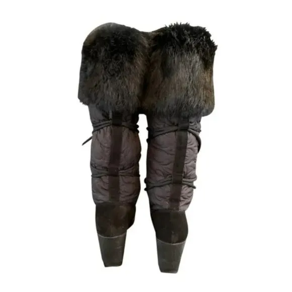 Coach Sofie Rabbit Fur Trim Monogram Knee High Platform Boots.  SZ 6.5