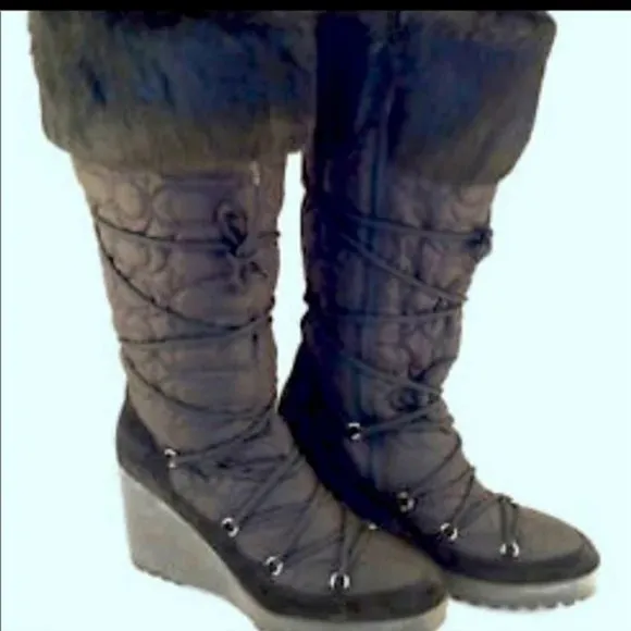 Coach Sofie Rabbit Fur Trim Monogram Knee High Platform Boots.  SZ 6.5