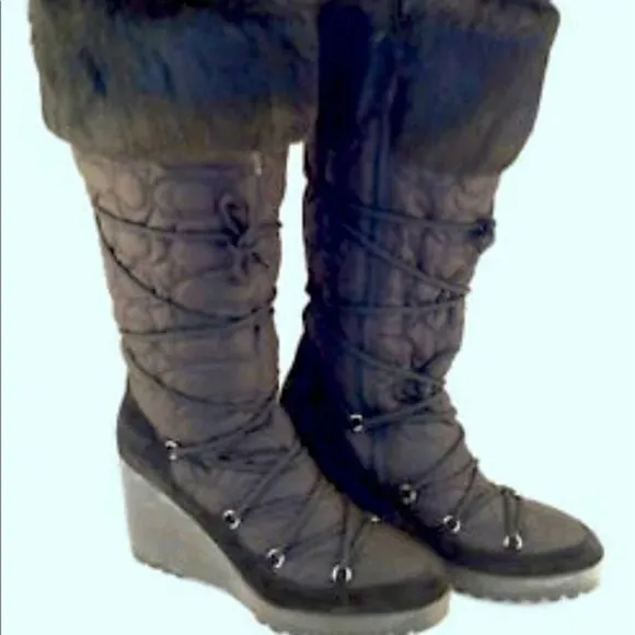 Coach Sofie Rabbit Fur Trim Monogram Knee High Platform Boots.  SZ 6.5