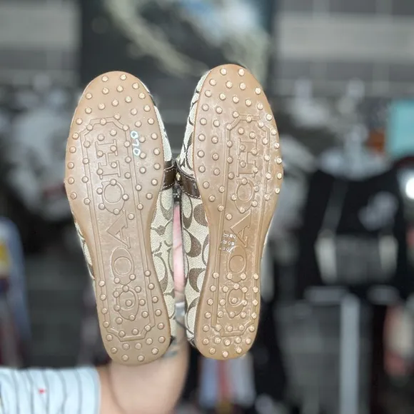 Coach Tan and Brown Flats with Signature Pattern